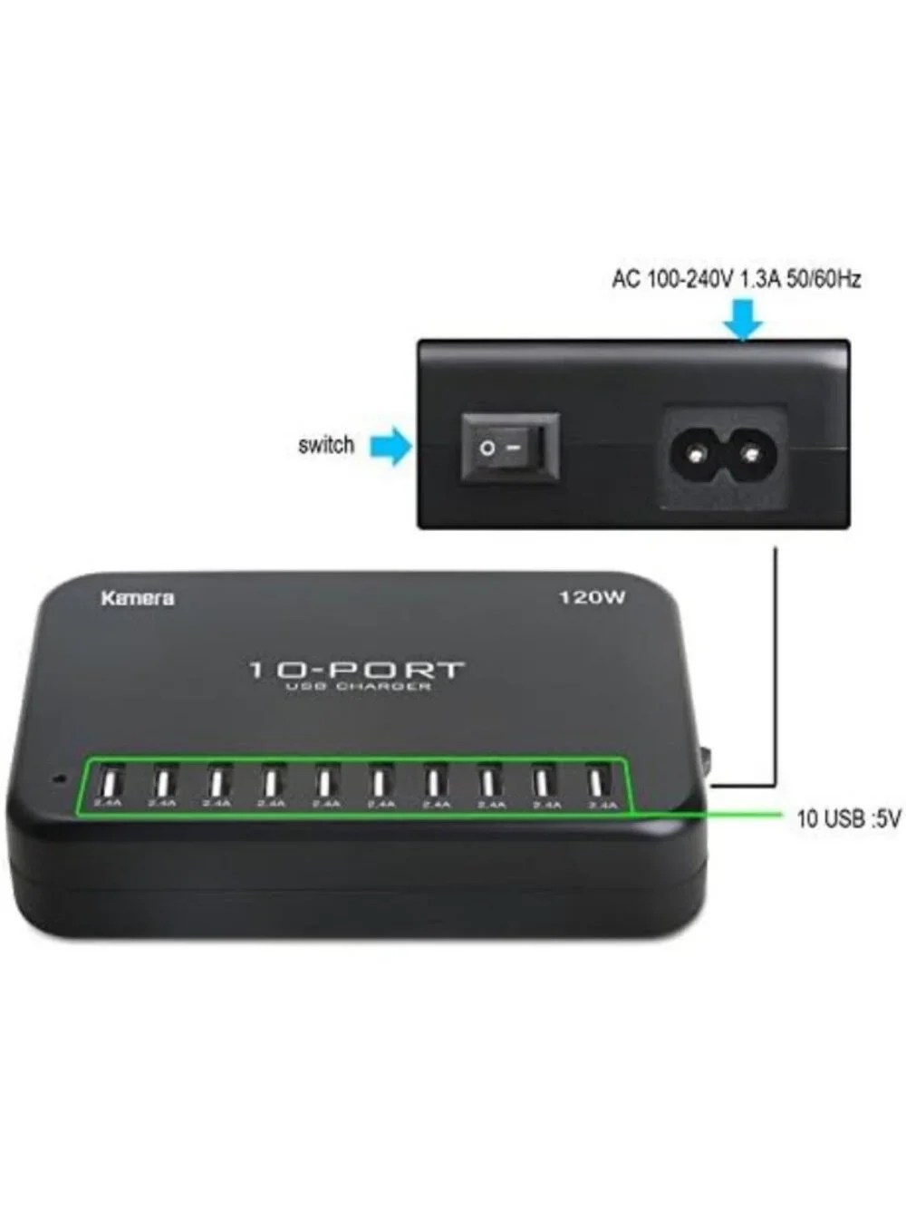 10-Port USB Charging Hub 120W Power Station for iPhone, iPad, Galaxy & More